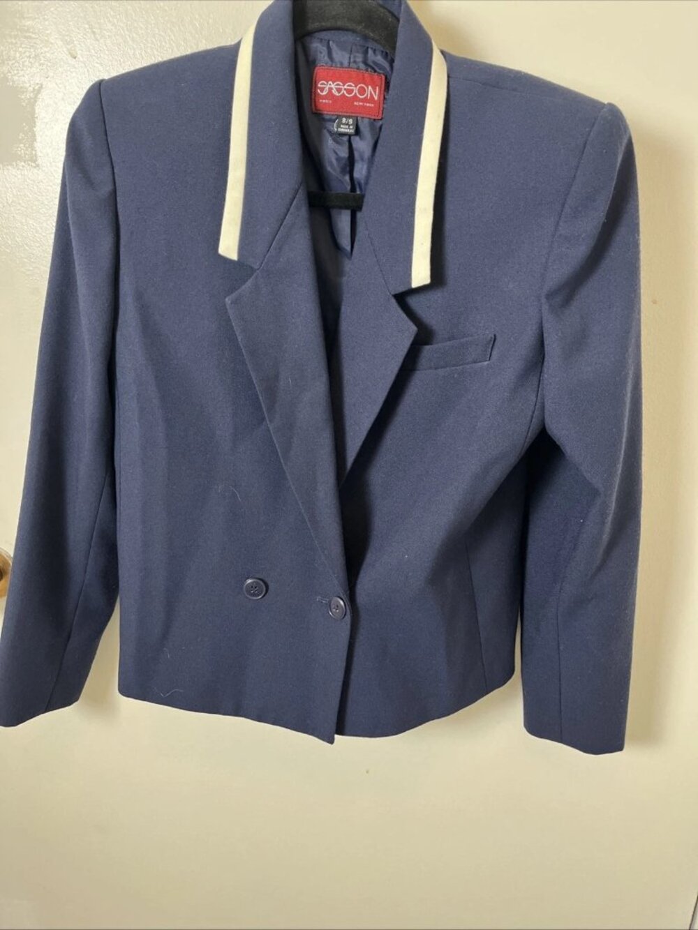 Vintage 80s Sasson Navy White Trim Cropped Blazer Size 8/9